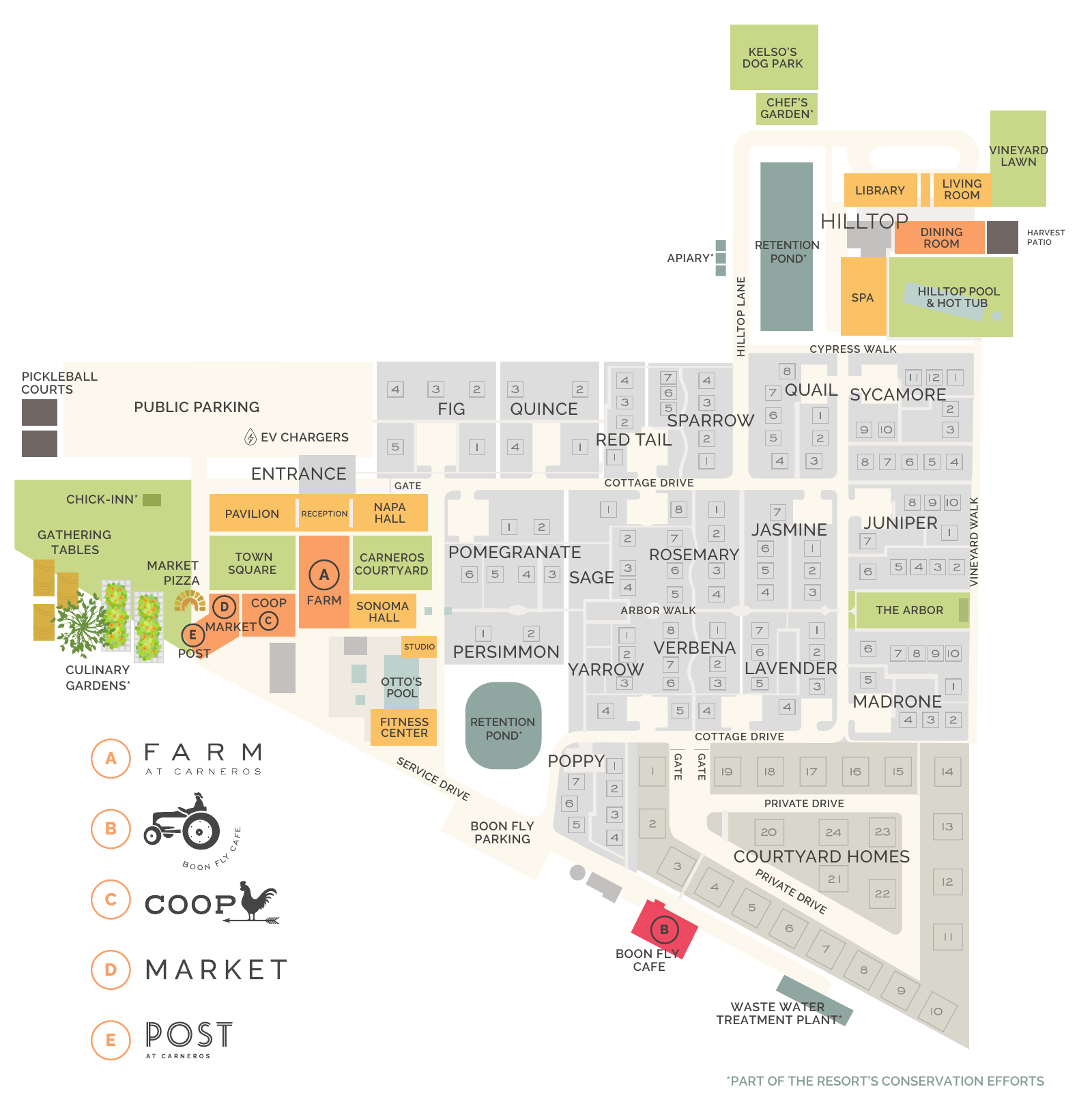 Map of Carneros Resort: the Hilltop buildings and Vineyard Lawn to the north east, the cottage clusters through the middle, and the Farm, Sonoma Hall and Carneros Courtyard beside the entrance to the west.